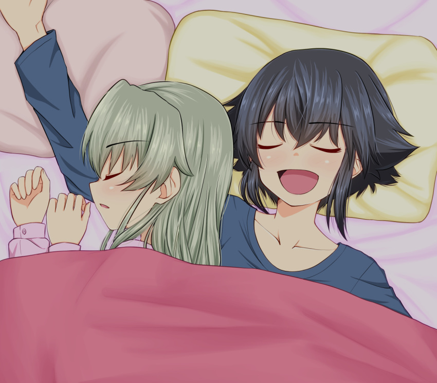 2girls alternate_hairstyle anchovy bed blush closed_eyes collarbone from_above girls_und_panzer green_hair hair_down happy long_hair lying multiple_girls on_back on_bed on_side open_mouth pepperoni_(girls_und_panzer) pillow ruka_(piyopiyopu) sleeping sleepwear under_covers