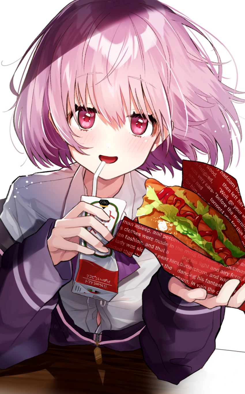 1girl :d absurdres bangs bendy_straw blush collared_shirt dress_shirt drinking_straw eyebrows_visible_through_hair food hair_between_eyes hamburger heart heart_in_eye highres holding holding_food jacket leaning_forward long_sleeves looking_at_viewer off_shoulder open_mouth pink_hair pomu_(pomu_me) purple_jacket red_eyes shinjou_akane shirt simple_background sleeves_past_wrists smile solo ssss.gridman symbol_in_eye unmoving_pattern white_background white_shirt