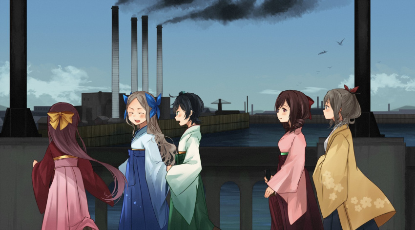 5girls annin_musou asakaze_(kantai_collection) bird black_hair blonde_hair blue_kimono bow brown_hair closed_eyes commentary_request drill_hair factory floral_background hair_bow hair_ribbon hakama harukaze_(kantai_collection) hat hatakaze_(kantai_collection) highres japanese_clothes kamikaze_(kantai_collection) kantai_collection kimono light_brown_hair long_hair long_sleeves matsukaze_(kantai_collection) meiji_schoolgirl_uniform mini_hat multiple_girls open_mouth pink_kimono ponytail red_kimono ribbon short_hair smile smoke smokestack wide_sleeves yellow_kimono