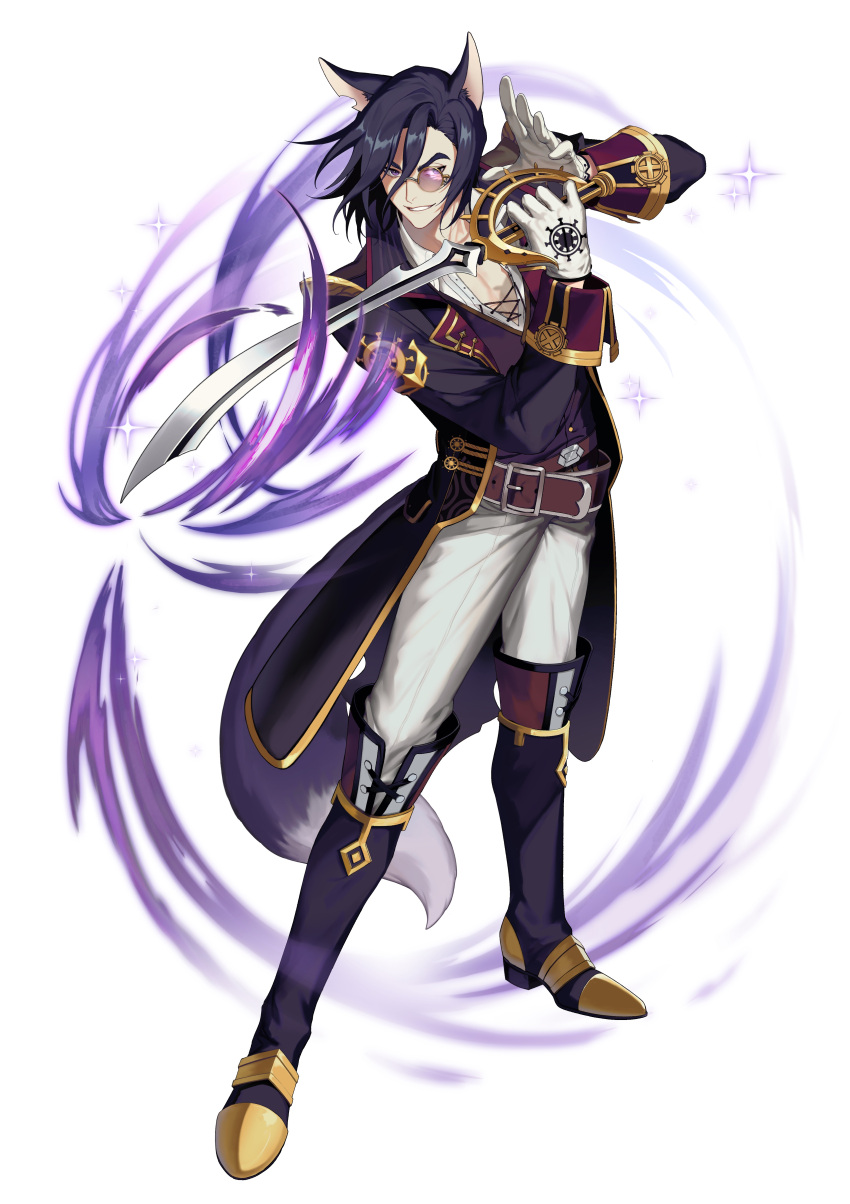 1boy absurdres animal_ears belt black_hair boots full_body glasses gloves hair_between_eyes hands_up highres holding holding_sword holding_weapon jacket knee_boots looking_at_viewer male_focus monocle official_art pants pince-nez solo standing sword teria_saga tula_(teria_saga) weapon white_background white_gloves white_pants