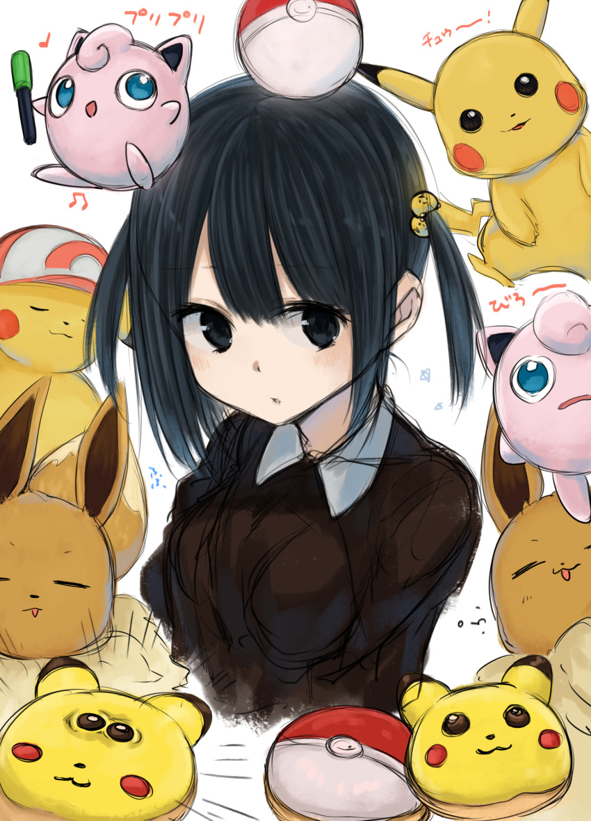 1girl :d akky_(akimi1127) bangs baseball_cap black_eyes black_hair black_shirt blue_eyes breasts closed_eyes collared_shirt commentary_request creatures_(company) eevee eyebrows_visible_through_hair facing_viewer game_freak gen_1_pokemon hair_between_eyes hair_bobbles hair_ornament hat highres jigglypuff looking_at_viewer nintendo open_mouth original parted_lips pikachu poke_ball poke_ball_(generic) pokemon pokemon_(creature) shirt sidelocks simple_background sketch small_breasts smile translated two_side_up white_background