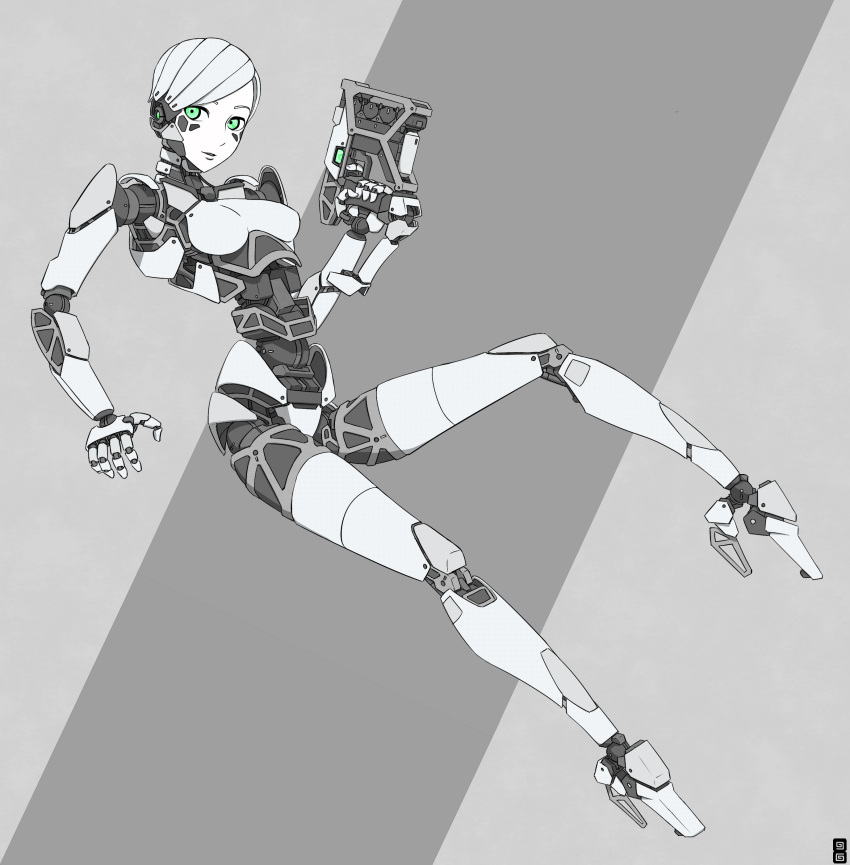 1girl absurdres android breasts finger_on_trigger green_eyes gun highres limited_palette long_hair looking_at_viewer original parted_lips parts_exposed robot robot_joints simple_background small_breasts user_pgts4888 very_long_hair weapon
