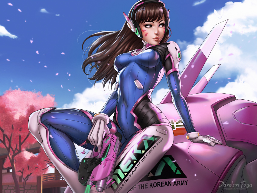 1girl animal_print arm_support artist_name bangs black_hair blue_bodysuit blue_sky bodysuit bracer breasts breasts_apart brick_wall brown_eyes bunny_print cherry_blossoms closed_mouth clothes_writing clouds cloudy_sky covered_navel d.va_(overwatch) dandon_fuga day english erect_nipples facepaint facial_mark finger_on_trigger gloves gun handgun headphones highres hips holding holding_gun holding_weapon knee_up light_smile lips looking_to_the_side mecha medium_breasts meka_(overwatch) outdoors overwatch paid_reward patreon_reward petals pilot_suit pink_lips railing ribbed_bodysuit robot_ears sitting skin_tight sky smile solo thighs tree turtleneck watermark weapon whisker_markings white_gloves