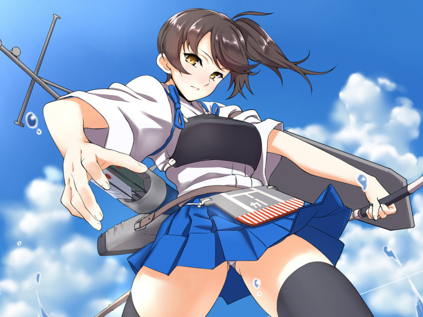 1girl apron ass_visible_through_thighs black_legwear blue_sky breasts brown_hair closed_mouth clouds cloudy_sky commentary_request cowboy_shot day expressionless foreshortening from_below hakama_skirt half-closed_eyes japanese_clothes kaga_(kantai_collection) kantai_collection looking_at_viewer medium_hair muneate outdoors outstretched_arms panties pantyshot partial_commentary quiver rigging shingyo side_ponytail sky solo tasuki thigh-highs underwear upskirt water_drop white_panties yellow_eyes yumi_(bow)