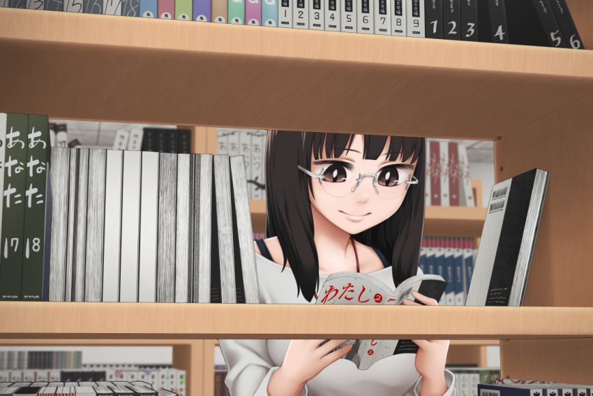 1girl book brown_eyes brown_hair commentary_request glasses holding holding_book indoors library long_hair looking_down manga_(object) original reading rimless_eyewear smile solo yajirushi_(chanoma)
