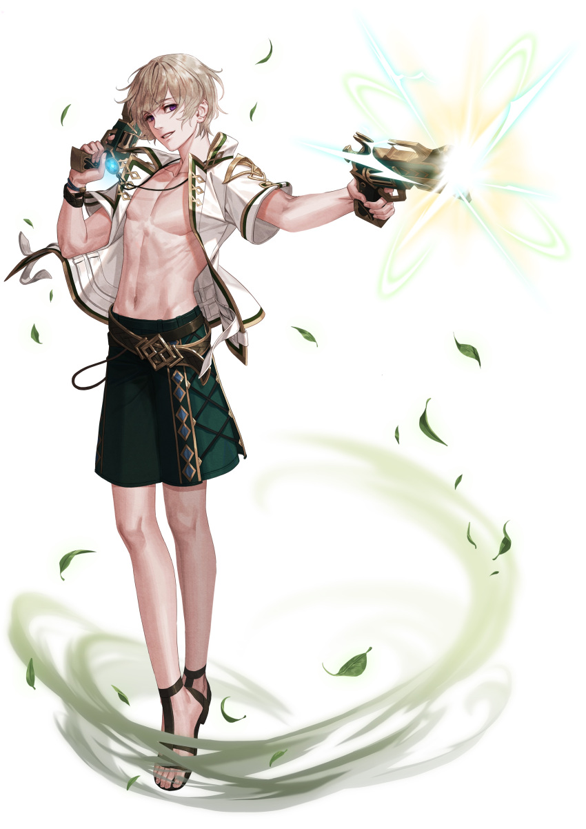 1boy absurdres belt dual_wielding firing full_body green_shorts gun highres holding jacket jewelry jpeg_artifacts leaf light_brown_hair looking_at_viewer male_focus navel necklace official_art open_clothes open_jacket parted_lips sandals shorts smile solo standing violet_eyes weapon white_background white_jacket zion_(teria_saga)