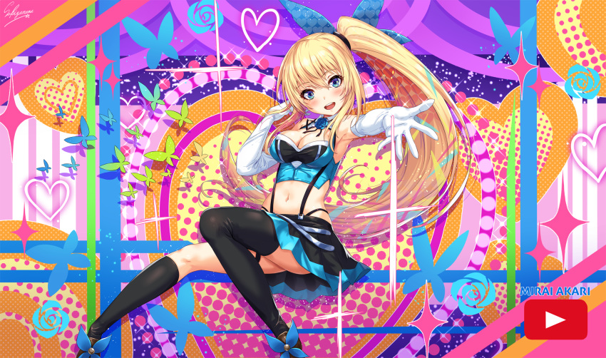 1girl :d arm_up armpits artist_name ass asymmetrical_legwear black_legwear black_ribbon black_skirt blonde_hair blue_eyes blue_flower blue_footwear breasts bug butterfly character_name choker cleavage commentary_request elbow_gloves eyebrows_visible_through_hair floating_hair flower gloves hair_between_eyes heart highres insect kneehighs long_hair medium_breasts midriff miniskirt mirai_akari mirai_akari_project navel neck_ribbon open_mouth outside_border outstretched_arm pleated_skirt ribbon sakiyamama side_ponytail signature single_kneehigh single_thighhigh sitting skirt smile solo sparkle standing stomach suspender_skirt suspenders thigh-highs thighs very_long_hair virtual_youtuber w white_gloves youtube