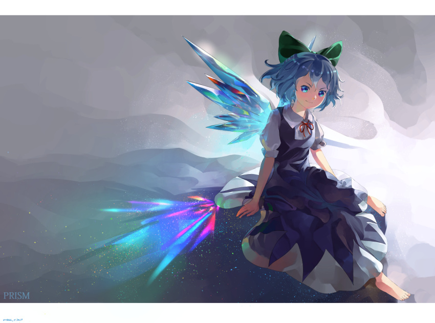 1girl abstract_background barefoot blue_dress blue_eyes blue_hair bow cirno commentary dress english_commentary gradient gradient_background hair_bow head_tilt light_particles looking_at_viewer neck_ribbon outstretched_leg pinafore_dress prism puffy_short_sleeves puffy_sleeves red_neckwear ribbon riki6 shirt short_hair short_sleeves sitting smile solo touhou white_shirt wing_collar wings