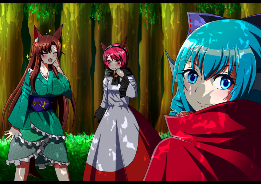 3girls animal_ear_fluff animal_ears bangs blue_eyes blue_hair blush bow breasts brooch cape closed_eyes collarbone commentary_request cosplay costume_switch cowboy_shot dappled_sunlight day dress drill_hair embarrassed eyebrows_visible_through_hair fake_animal_ears forest frilled_sleeves frills frown grass_root_youkai_network green_kimono hair_between_eyes hair_bow hairband hand_on_own_cheek imaizumi_kagerou japanese_clothes jewelry kimono large_breasts layered_dress letterboxed long_sleeves looking_at_viewer looking_down looking_to_the_side luna_(luna3962) multiple_girls nature obi open_mouth outdoors red_cape red_eyes redhead sash sekibanki short_hair short_kimono smile sparkle standing sunlight swept_bangs tail touhou upper_body wakasagihime wolf_ears wolf_tail