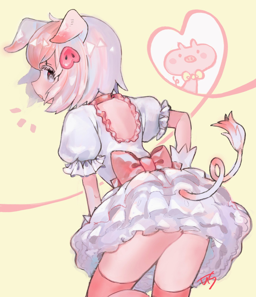 1girl animal_ears back_bow black_eyes bow commentary_request dress from_behind gloves hair_ornament hairclip heart highres ichi001 kemono_friends leaning_forward multicolored_hair petticoat pig_(kemono_friends) pig_ears pig_girl pig_tail pink_bow pink_hair pink_legwear puffy_short_sleeves puffy_sleeves short_hair short_sleeves signature silver_hair simple_background solo tail thigh-highs white_dress white_gloves yellow_background
