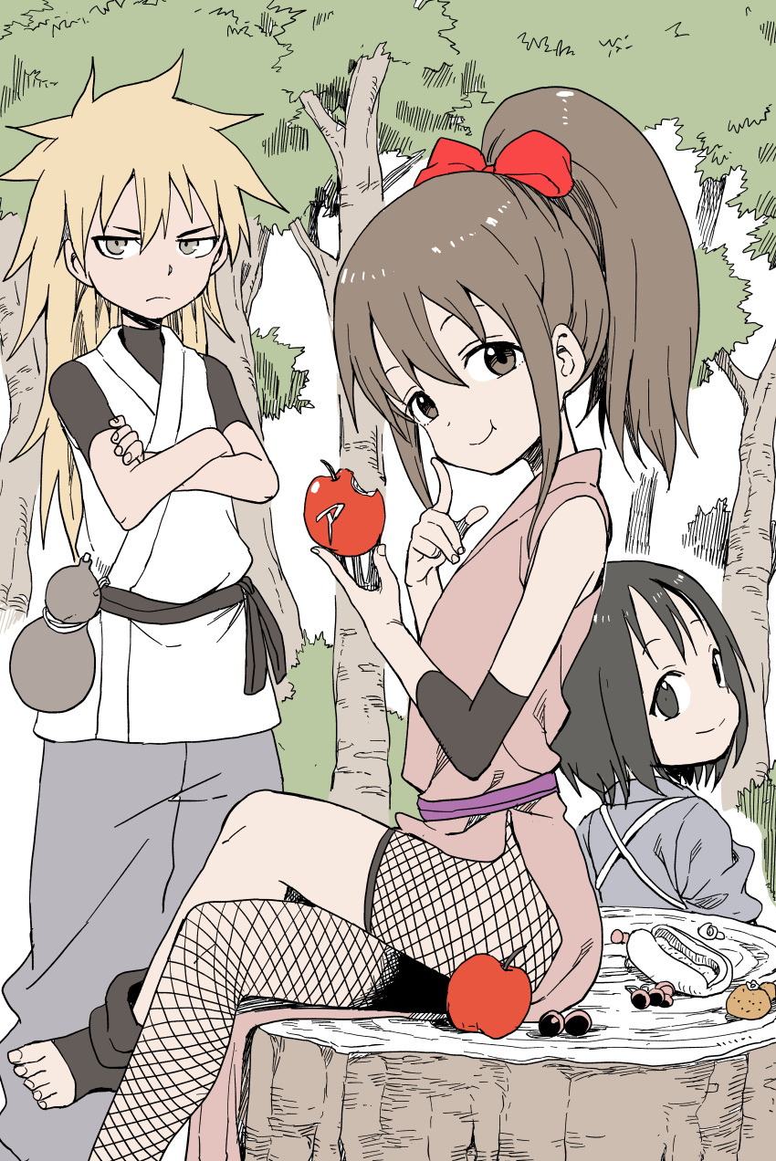3girls :t absurdres black_eyes black_hair blonde_hair bow brown_hair character_request closed_mouth commentary_request crossed_arms detached_sleeves eating finger_to_chin forest from_side gourd grey_eyes hair_bow highres holding kunoichi_tsubaki_no_mune_no_uchi legs_crossed multiple_girls nature ponytail red_apple red_bow sash short_hair sitting smile standing tree tree_stump yamamoto_souichirou