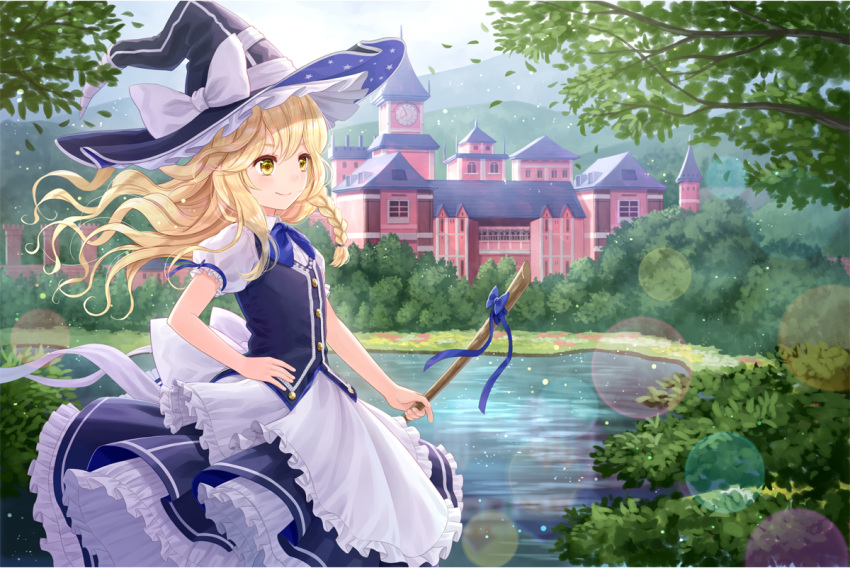 1girl apron bangs black_hat black_skirt black_vest blonde_hair blue_sky bow braid broom buttons clock clock_tower closed_mouth day floating_hair hand_on_hip hat hat_bow kirisame_marisa lake lens_flare light_particles long_hair nature outdoors puffy_short_sleeves puffy_sleeves scarlet_devil_mansion short_sleeves side_braid skirt skirt_set sky smile solo summer tadokoro_teppei touhou tower vest waist_apron white_bow wind witch_hat yellow_eyes