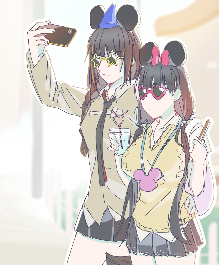 2girls breasts cellphone chocolate_bar commentary_request dating disneyland drinking_straw girls_frontline hands_on_another's_hips hat highres m16a1_(girls_frontline) medium_breasts mickey_mouse_ears multiple_girls necktie phone pose ro635_(girls_frontline) self_shot shake_(hungrycurry55) sunglasses v yuri