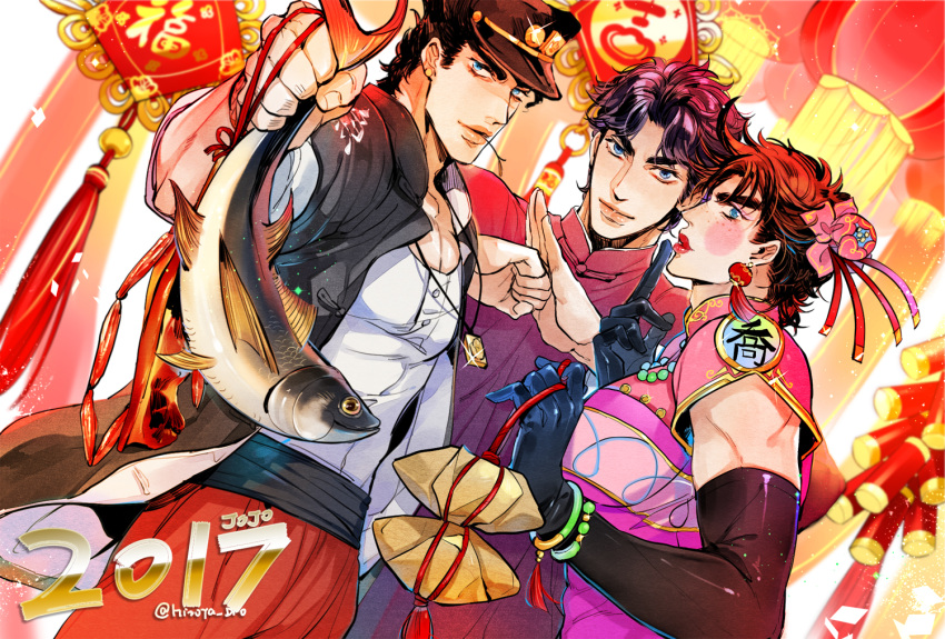 2017 3boys adapted_costume baoquan_li battle_tendency black_gloves black_hair blue_hair brown_hair catsizuru chinese_clothes chinese_new_year crossdressinging dutch_angle elbow_gloves family fish gloves hair_ornament hat holding_fish jojo_no_kimyou_na_bouken jonathan_joestar joseph_joestar_(young) kung_fu_salute kuujou_joutarou lantern makeup multiple_boys paper_lantern phantom_blood stardust_crusaders