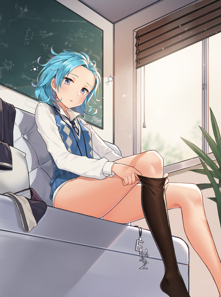 adjusting_clothes adjusting_legwear aliceblue aqua_hair black_legwear blinds blue_eyes blue_hair blue_neckwear blush chalkboard collared_shirt day dust_particles einstein_(honkai_impact) equation feet_out_of_frame highres honkai_impact indoors jacket jacket_removed jewelry jewelry_removed long_sleeves looking_at_viewer lounge necklace necktie open_mouth panties plant potted_plant shirt short_hair sitting sunlight sweater_vest thigh-highs thighs underwear wavy_hair white_panties white_shirt window
