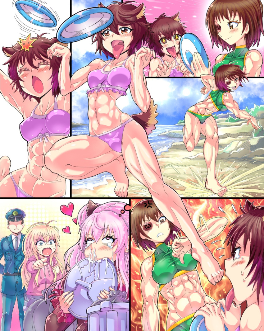 abs animal_ears beach comic dress frisbee hat highres kamoi_tsubame long_hair mitsurou multiple_girls muscle muscular_female navel open_mouth police police_hat police_uniform policeman short_hair short_twintails silent_comic swimsuit tail takanashi_misha thick_thighs thighs toned tongue tongue_out trash_can twintails uchi_no_maid_ga_uzasugiru! ukai_midori uniform