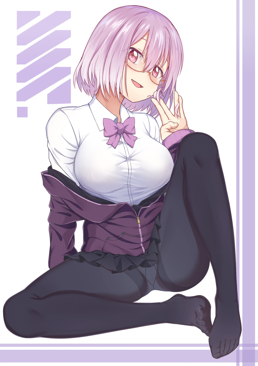 1girl absurdres black_legwear black_skirt bow bowtie breasts caibao fang glasses highres large_breasts lavender_hair long_sleeves looking_at_viewer open_mouth orange-framed_eyewear panties panties_under_pantyhose pantyhose pink_eyes purple_neckwear semi-rimless_eyewear shinjou_akane shirt short_hair sitting skirt smile solo ssss.gridman under-rim_eyewear underwear white_shirt