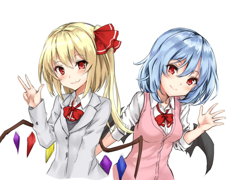 2girls :3 alternate_costume amagi_(amagi626) bangs bat_wings blazer blonde_hair blue_hair blush bow bowtie breasts cardigan_vest commentary_request contemporary crystal eyebrows_visible_through_hair flandre_scarlet grey_jacket grey_vest hair_between_eyes hair_ribbon hand_up head_tilt jacket long_hair long_sleeves looking_at_viewer medium_breasts multiple_girls no_hat no_headwear one_side_up pink_vest red_bow red_eyes red_neckwear red_ribbon remilia_scarlet ribbon school_uniform shirt short_hair siblings simple_background sisters smile sweater_vest touhou upper_body v vest white_background white_shirt wing_collar wings