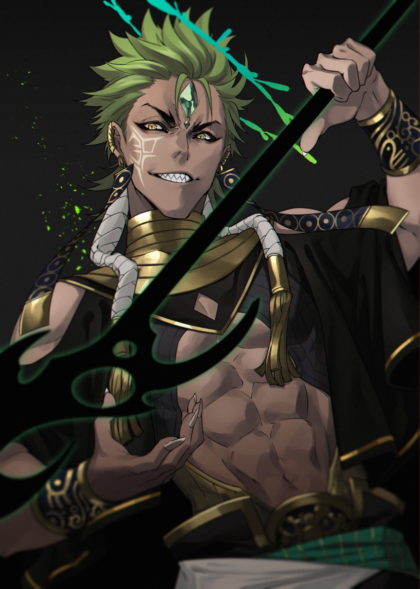 1boy abs black_background commentary_request dark_skin dutch_angle earrings facial_mark fingernails forehead_mark gold_trim green_hair hand_up highres holding holding_weapon jewelry looking_at_viewer male_focus navel original sharp_fingernails sharp_teeth smile solo standing teeth upper_body weapon westxost_(68monkey) yellow_eyes
