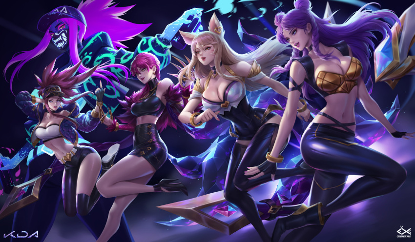 4girls ahri akali animal_ears asymmetrical_legwear bare_shoulders belt black_legwear black_skirt blonde_hair braid breasts citemer cleavage crop_top cropped_jacket double_bun earrings evelynn face_mask fingerless_gloves fox_ears fox_tail full_body fur_trim gloves glowing high-waist_skirt high_heels highres idol jewelry k/da_(league_of_legends) k/da_ahri k/da_akali k/da_evelynn k/da_kai'sa kai'sa large_breasts league_of_legends leg_up lipstick long_hair makeup mascara mask medium_breasts midriff multiple_girls navel off_shoulder pants purple_hair skirt sleeveless spray_can tail thigh-highs twin_braids whisker_markings