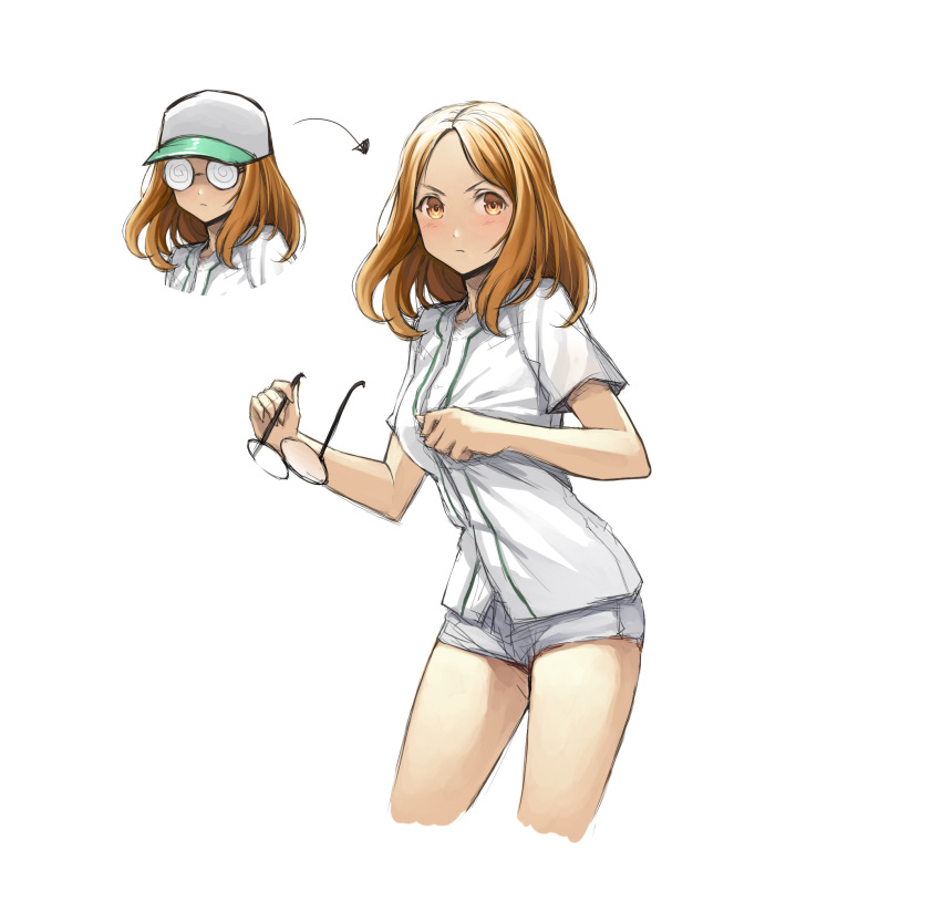 1girl bangs baseball blush breasts brown_eyes brown_hair coke-bottle_glasses copyright_request cropped_legs dress_shirt eyewear_removed glasses highres holding holding_eyewear jchoy long_hair looking_at_viewer multiple_views parted_bangs shirt short_shorts short_sleeves shorts simple_background sketch small_breasts v-shaped_eyebrows white_background white_shirt white_shorts
