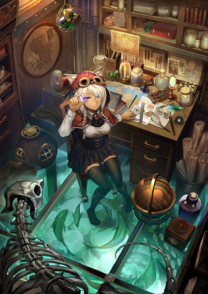 1girl animal aqua_eyes ascot bangs basket black_legwear black_neckwear black_skirt book boots braid breasts brooch candle capelet case chair closed_mouth container drawer fish flask from_above gem globe goggles goggles_on_head hair_over_one_eye hand_up helmet highres holding hood indoors ink_bottle isaroishin jar jewelry long_hair long_sleeves looking_at_viewer map medium_breasts miniskirt mirror octopus original paper quill rope ruler scissors screwdriver scroll set_square shelf shirt sitting skeleton skirt smile solo table tape taut_clothes test_tube test_tube_rack thigh-highs twin_braids underbust water white_hair white_shirt wing_collar wrench zettai_ryouiki