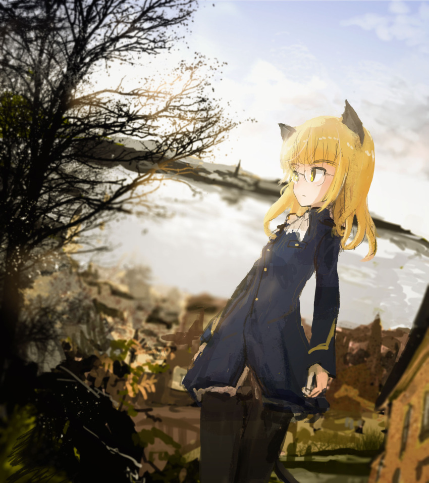 1girl animal_ears ascot bare_tree blonde_hair cat_ears cat_tail clouds dutch_angle from_side glasses highres house kabuyama_kaigi lake long_hair military military_uniform open_mouth outdoors panties panties_under_pantyhose pantyhose perrine_h_clostermann sketch sky solo strike_witches tail tree underwear uniform world_witches_series yellow_eyes