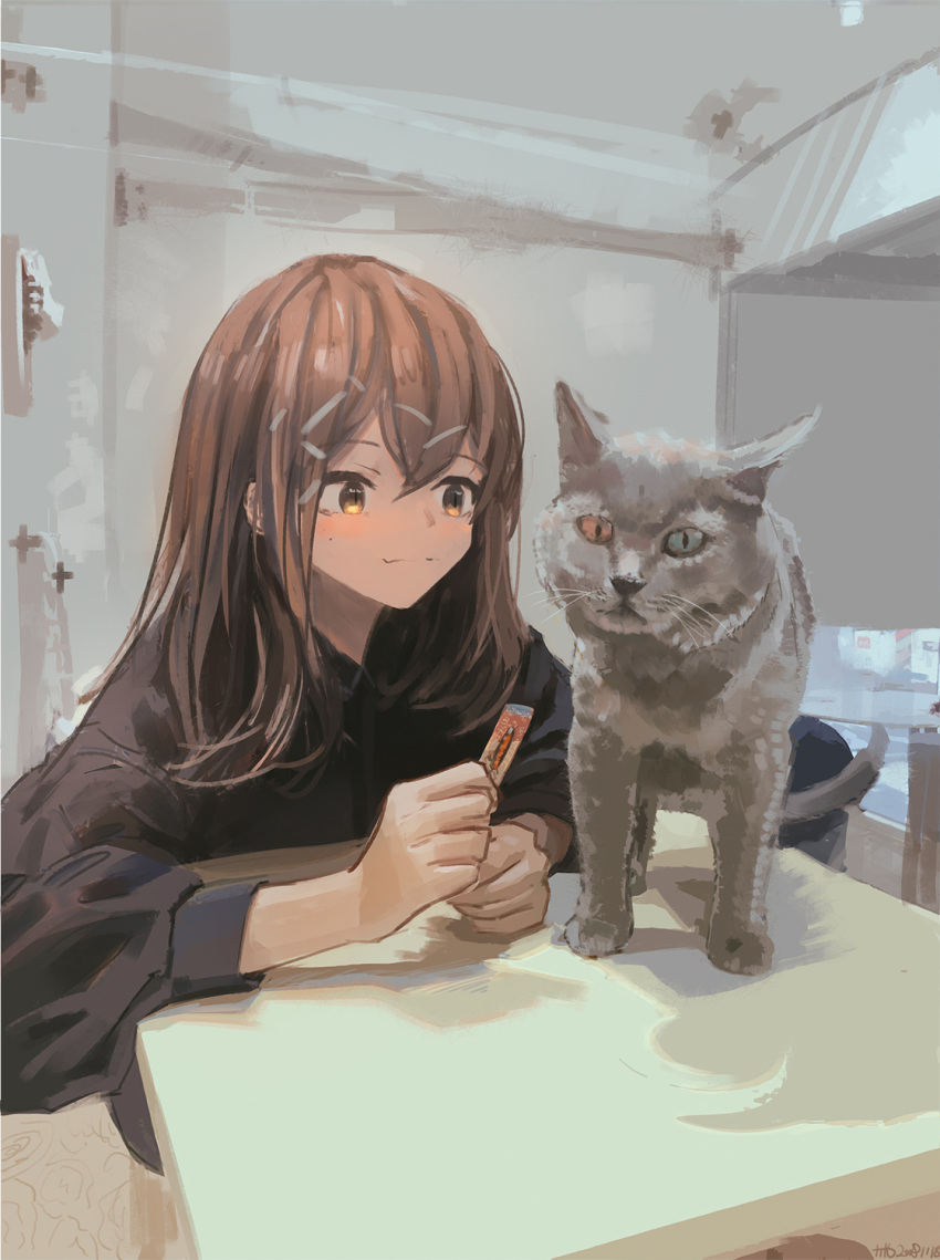 1girl :3 arm_support blush brown_eyes brown_hair cat dated heterochromia highres indoors leaning_forward long_hair looking_at_another mole mole_under_eye original signature sitting sketch solo table tifg39