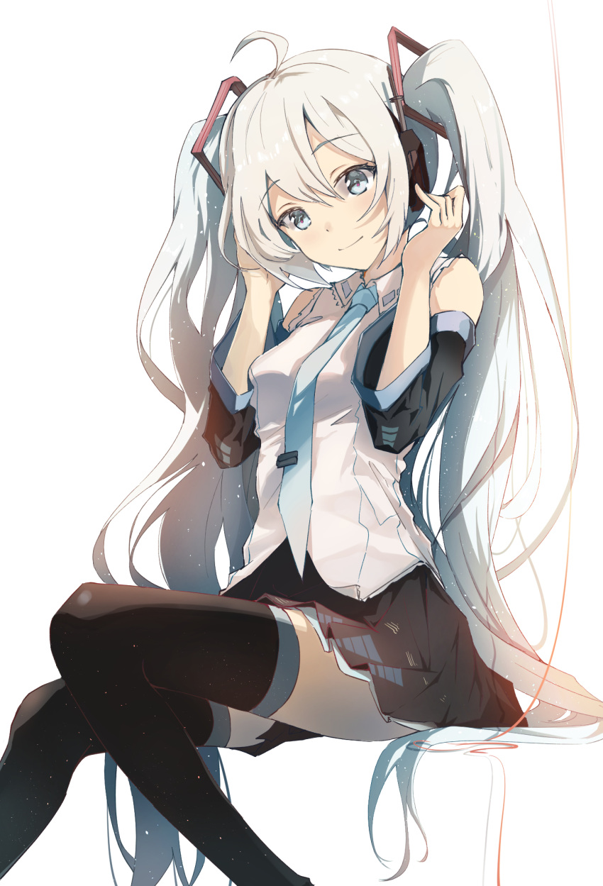 1girl bangs bare_shoulders black_legwear blush closed_mouth detached_sleeves eyebrows_visible_through_hair hair_between_eyes hatsune_miku highres long_hair necktie simple_background solo taka_(0taka) thigh-highs twintails vocaloid white_background zettai_ryouiki