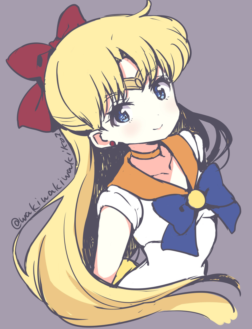 1girl absurdres bangs bishoujo_senshi_sailor_moon blonde_hair blue_bow blue_eyes bow breasts brown_background choker closed_mouth commentary_request eyebrows_visible_through_hair hair_bow highres long_hair neki_(wakiko) orange_choker orange_sailor_collar red_bow sailor_collar sailor_venus shirt simple_background sketch sleeveless sleeveless_shirt small_breasts smile solo twitter_username very_long_hair white_shirt