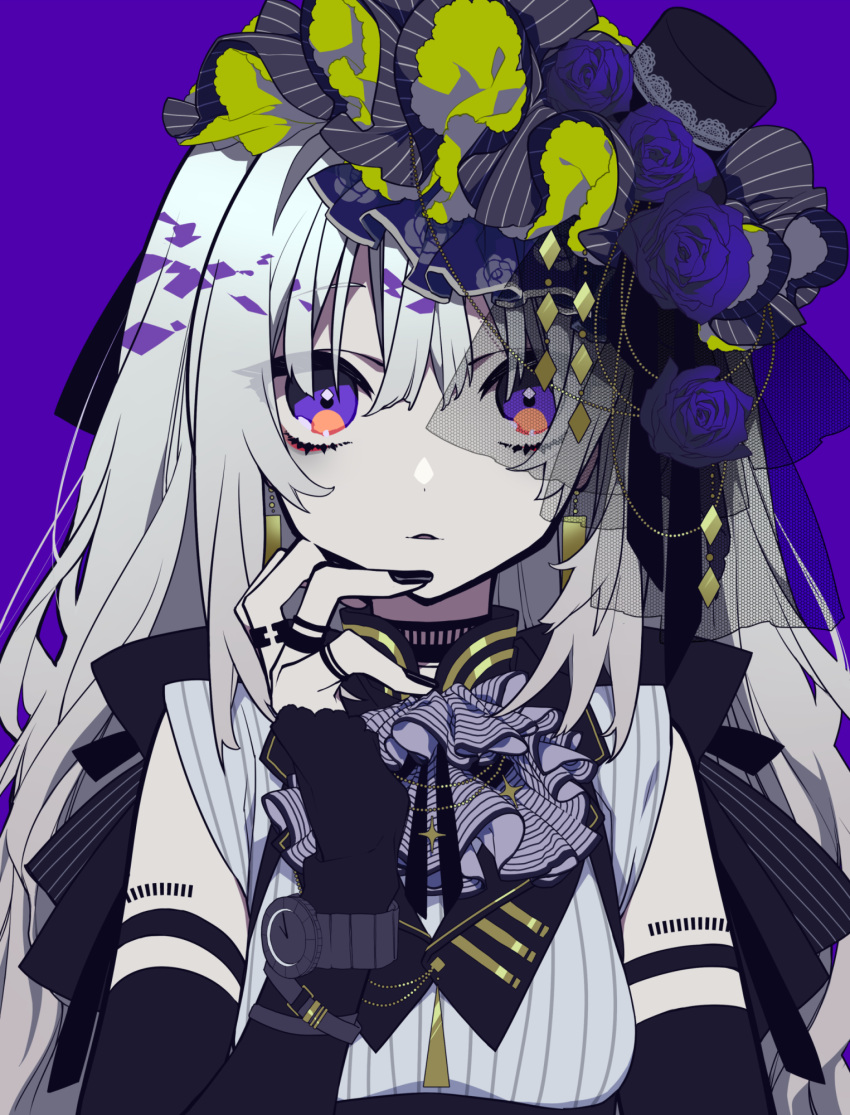 1girl black_hat black_nails blue_flower blue_rose bonnet commentary_request detached_sleeves eyebrows_visible_through_hair eyes_visible_through_hair fingernails flower hand_up hat highres jewelry long_hair looking_at_viewer mini_hat mochizuki_kei nail_polish original parted_lips purple_background ring rose silver_hair simple_background solo upper_body violet_eyes