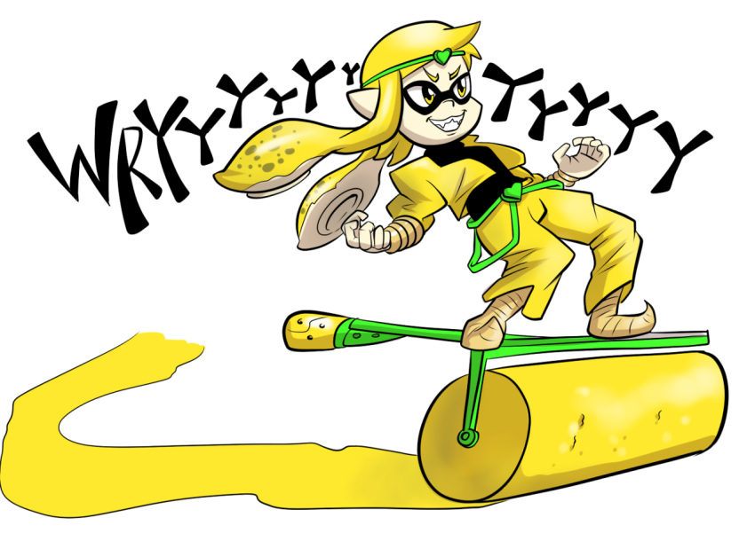 1girl black_shirt blonde_hair captainanaugi cosplay crossover dio_brando dio_brando_(cosplay) domino_mask green_headband headband ink inkling jacket jojo_no_kimyou_na_bouken mask shirt smile solo splat_roller_(splatoon) splatoon_(series) stardust_crusaders wryyyyyyyyyyyyyyyyyyyy yellow_eyes yellow_jacket