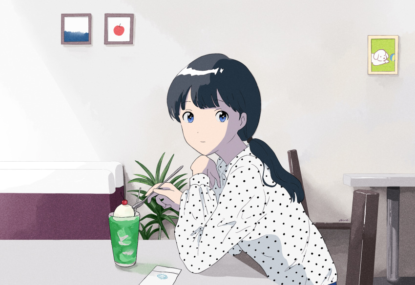 1girl black_hair blue_eyes chair chin_rest closed_mouth commentary_request dot_nose food from_side gumi. highres ice_cream ice_cream_spoon long_sleeves looking_at_viewer looking_to_the_side original painting_(object) polka_dot ponytail sitting smile solo spoon table