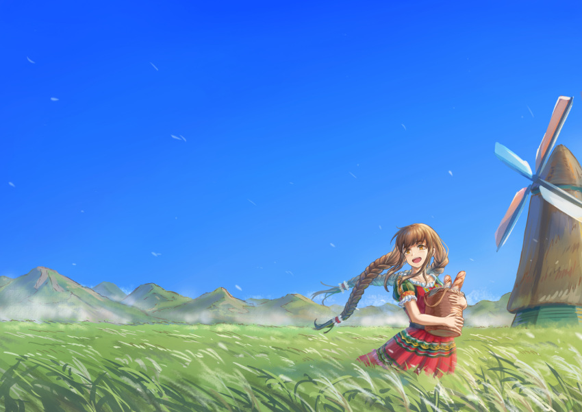 1girl :d baguette bangs basket blue_sky braid bread brown_eyes brown_hair collarbone commentary_request day dress eyebrows_visible_through_hair field food gohei_(aoi_yuugure) head_tilt highres long_hair low_twintails mountain object_hug open_mouth original outdoors puffy_short_sleeves puffy_sleeves red_dress short_sleeves sidelocks sky smile solo standing twin_braids twintails very_long_hair windmill