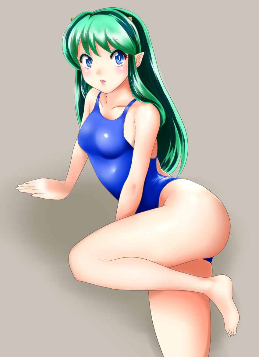 1girl absurdres arm_support barefoot blue_eyes blue_swimsuit commentary_request competition_swimsuit feet_out_of_frame green_hair highres lips long_hair looking_at_viewer lum lying makeup nanao_futaba on_side one-piece_swimsuit oni_horns pointy_ears solo swimsuit urusei_yatsura
