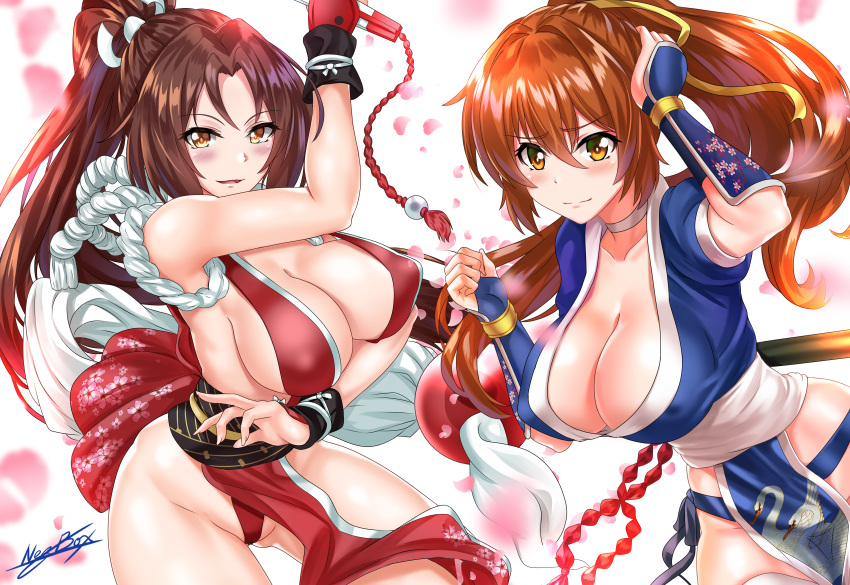 2girls absurdres arm_guards bangs bare_shoulders blush breasts bridal_gauntlets brown_eyes brown_hair choker cleavage closed_fan closed_mouth collarbone dead_or_alive fan fatal_fury floral_print folding_fan hair_between_eyes hair_ribbon hand_in_hair high_ponytail highres hips huge_filesize japanese_clothes kasumi_(doa) knife large_breasts long_hair looking_at_viewer multiple_girls nez-kun ninja obi open_mouth orb parted_bangs pelvic_curtain petals ponytail ribbon rope sash sheath sheathed shiranui_mai short_sleeves sideboob signature simple_background smile tassel the_king_of_fighters thigh-highs thighs white_background white_legwear white_ribbon yellow_ribbon