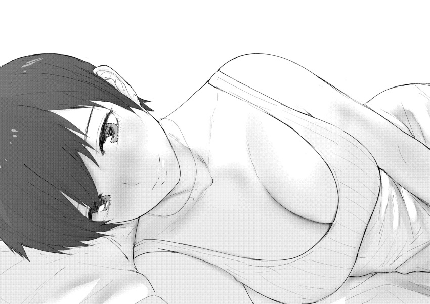 1girl bare_shoulders bed bed_sheet breasts cleavage closed_mouth collarbone facing_viewer greyscale highres jewelry large_breasts looking_at_viewer lying monochrome necklace norman_maggot ol-chan_(norman_maggot) on_side pixie_cut short_hair smile tank_top