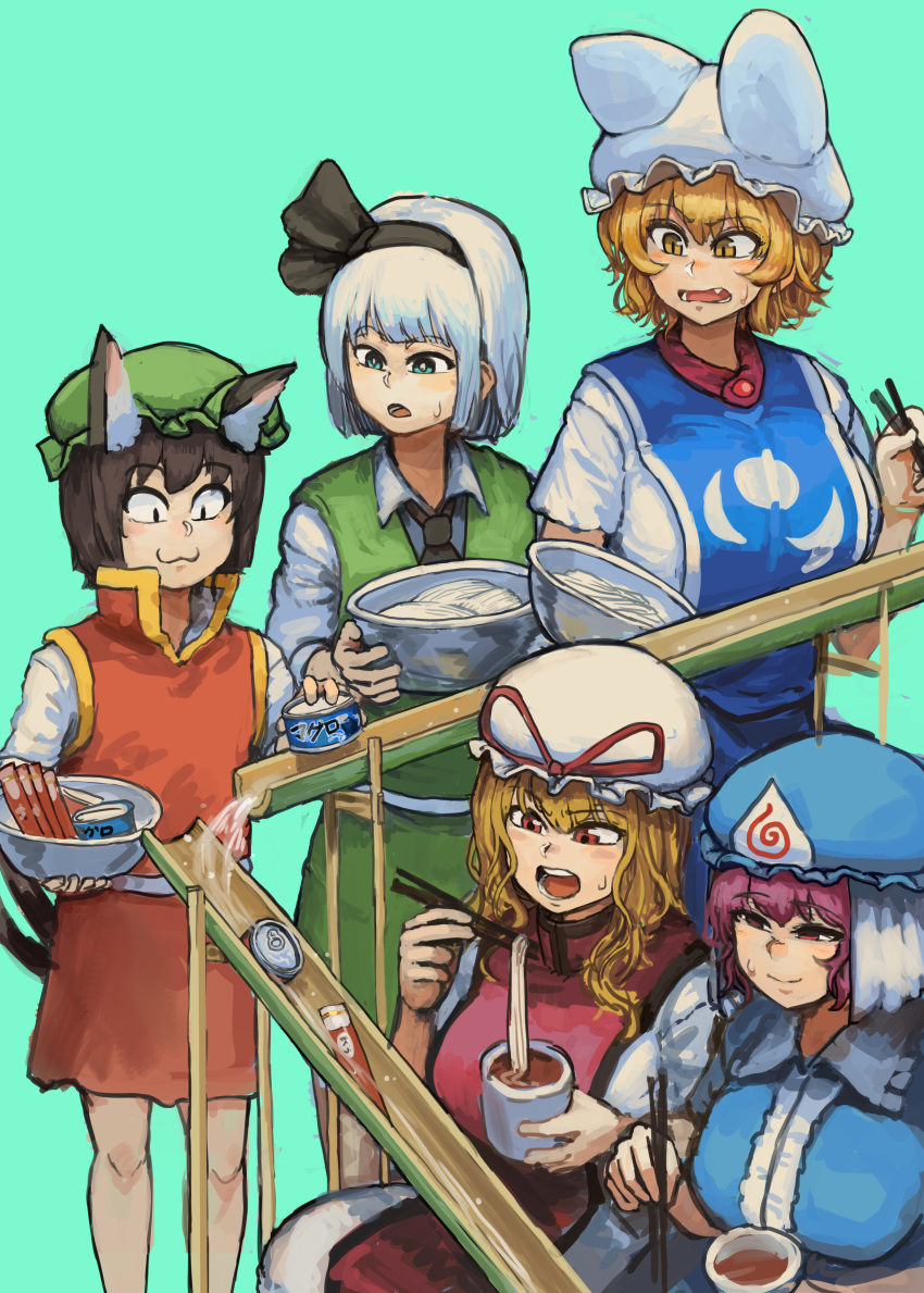 5girls :3 absurdres animal_ears bamboo blonde_hair blue_background blue_eyes bowl breasts brown_hair cat_ears cat_tail chanta_(ayatakaoisii) chen chopsticks eating empty_eyes eyebrows_visible_through_hair fox_ears hairband hat highres holding konpaku_youmu large_breasts multiple_girls multiple_tails nagashi_soumen open_mouth purple_hair red_eyes red_skirt red_vest saigyouji_yuyuko sanpaku short_hair silver_hair simple_background skirt slit_pupils smile standing sweatdrop tail touhou two_tails udon vest violet_eyes yakumo_ran yakumo_yukari