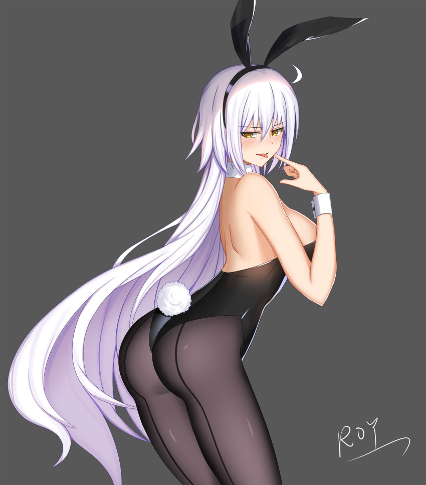 1girl absurdres animal_ears ass bangs bare_shoulders black_hairband black_leotard breasts brown_eyes brown_legwear bunny_girl bunny_tail bunnysuit commentary_request eyebrows_visible_through_hair fake_animal_ears fate/grand_order fate_(series) grey_background hair_between_eyes hairband hand_up highres index_finger_raised jeanne_d'arc_(alter)_(fate) jeanne_d'arc_(fate)_(all) large_breasts leotard long_hair looking_at_viewer looking_back pantyhose rabbit_ears roi_(liu_tian) saliva saliva_trail signature silver_hair simple_background smile solo standing strapless strapless_leotard tail tongue tongue_out very_long_hair wrist_cuffs