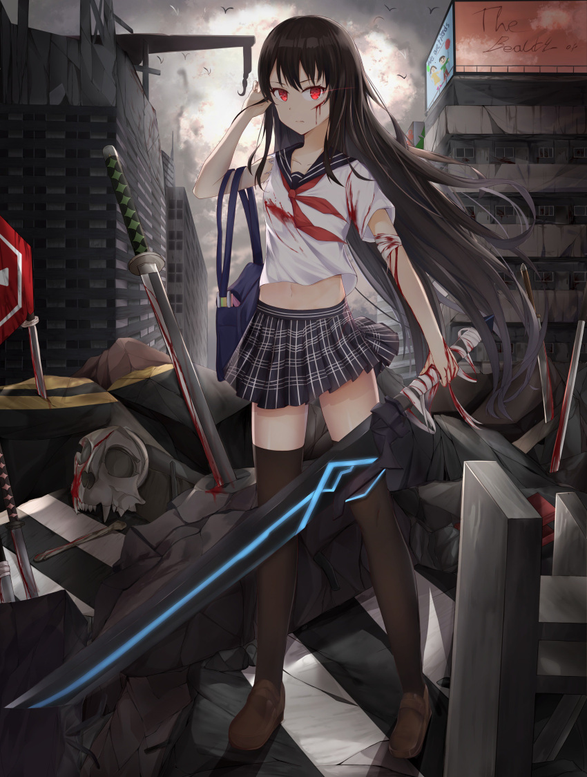 1girl absurdres adjusting_hair bag bandage black_hair black_legwear black_sailor_collar black_skirt blood blood_on_arm bloody_clothes bloody_weapon brown_footwear clouds cloudy_sky collarbone ds_a floating_hair highres holding holding_bag holding_sword holding_weapon loafers long_hair looking_at_viewer midriff miniskirt navel neckerchief original outdoors pleated_skirt red_eyes red_neckwear ruins sailor_collar school_bag school_uniform serafuku shirt shoes short_sleeves skirt skull sky solo standing stomach striped striped_skirt sword thigh-highs torn very_long_hair weapon zettai_ryouiki