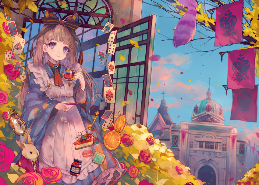 1girl ace_of_spades animal apron argyle bangs banner biscuit black_bow blue_eyes blue_kimono blue_sky blush bow brooch brown_hair building cake card cha_goma church closed_mouth clouds commentary_request cross cup day door falling_leaves flower food frilled_apron frills fruit glass_door hair_bow highres holding holding_cup holding_saucer japanese_clothes jar jewelry kimono leaf long_hair long_sleeves looking_at_viewer macaron orange orange_slice original outdoors playing_card pocket_watch rabbit red_neckwear rose saucer sky slice_of_cake smile solo stained_glass standing striped tea teacup tree_branch watch white_apron wide_sleeves