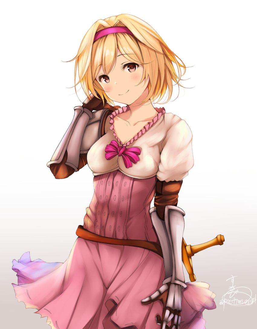 1girl bangs belt blonde_hair blush bow bowtie breasts brown_gloves cleavage closed_mouth collarbone cowboy_shot djeeta_(granblue_fantasy) dress elbow_gloves eyebrows_visible_through_hair frills gauntlets gloves gradient gradient_background granblue_fantasy hair_intakes hand_up head_tilt highres looking_at_viewer pink_dress purple_neckwear red_eyes short_hair short_sleeves shoulder_armor signature simple_background small_breasts smile solo spaulders suzume_(simple0091) sword weapon weapon_on_back white_background wind