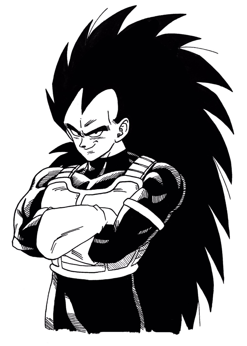 1boy alternate_costume armor black_eyes black_hair crossed_arms dragon_ball dragonball_z frown gloves highres lee_(dragon_garou) long_hair looking_at_viewer male_focus monochrome raditz simple_background smile spiky_hair standing upper_body very_long_hair white_background