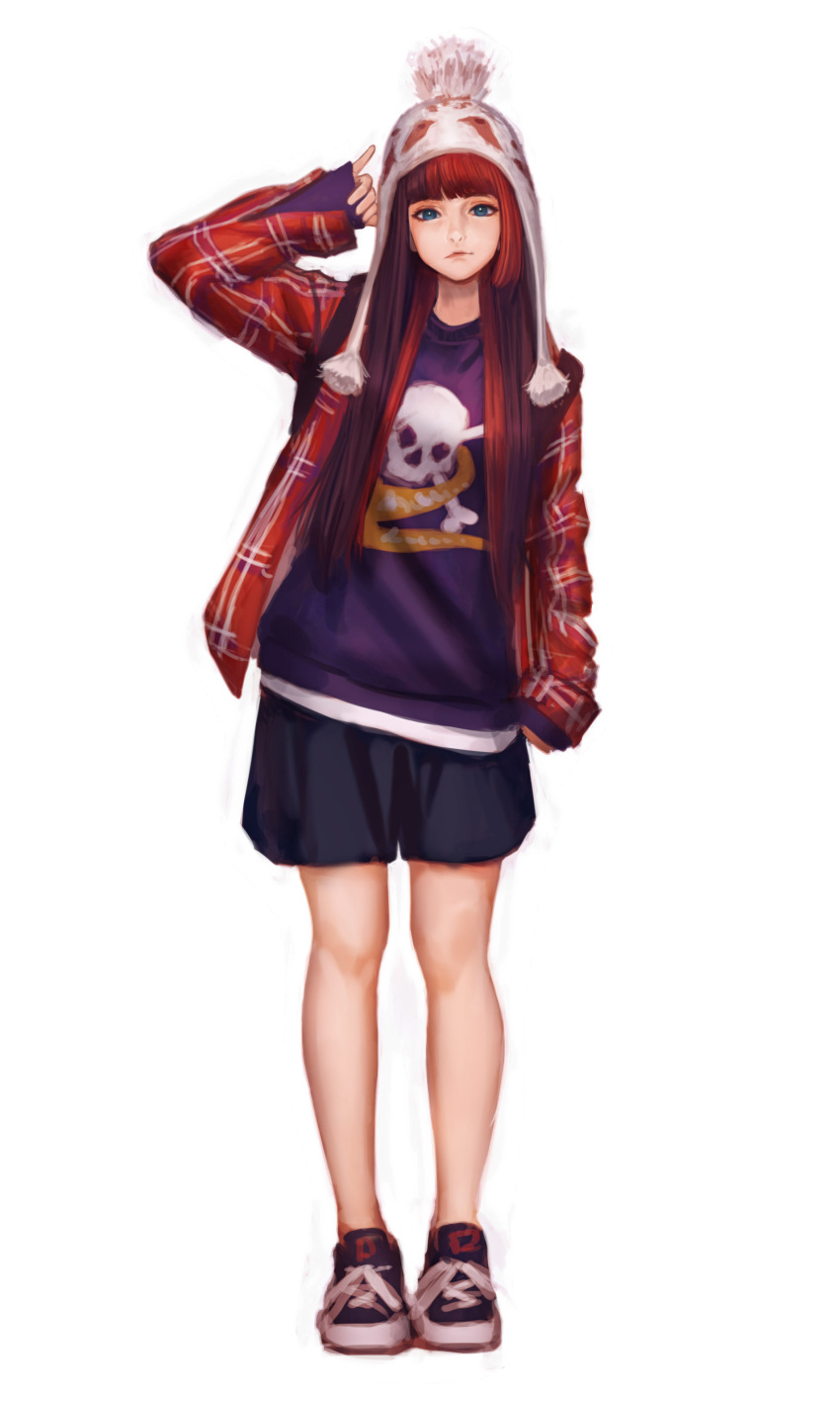 1girl absurdres bangs beanie beanie_ear_flaps blue_eyes blue_shorts blunt_bangs full_body hand_up hat highres jacket jungon_kim light_smile long_hair long_sleeves open_clothes open_jacket original purple_shirt red_jacket redhead shirt shoes shorts simple_background sleeves_past_wrists solo standing white_background