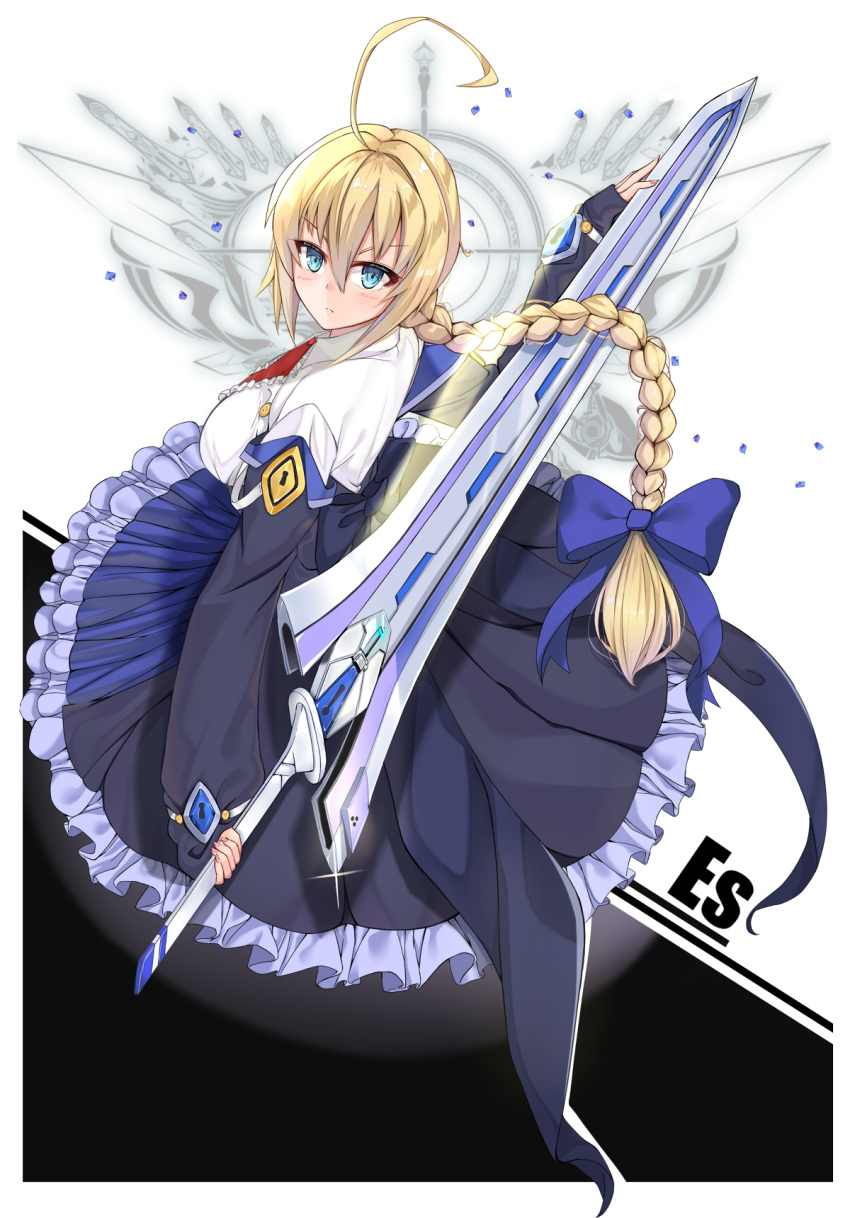 1girl ahoge blazblue blazblue:_cross_tag_battle blonde_hair blue_bow blue_eyes blush bow braid breasts character_name dress es_(xblaze) frills hair_bow highres holding holding_sword holding_weapon huge_ahoge large_breasts long_braid long_hair long_sleeves looking_at_viewer mukatsukulsp necktie single_braid solo sword weapon white_background xblaze xblaze_code:_embryo