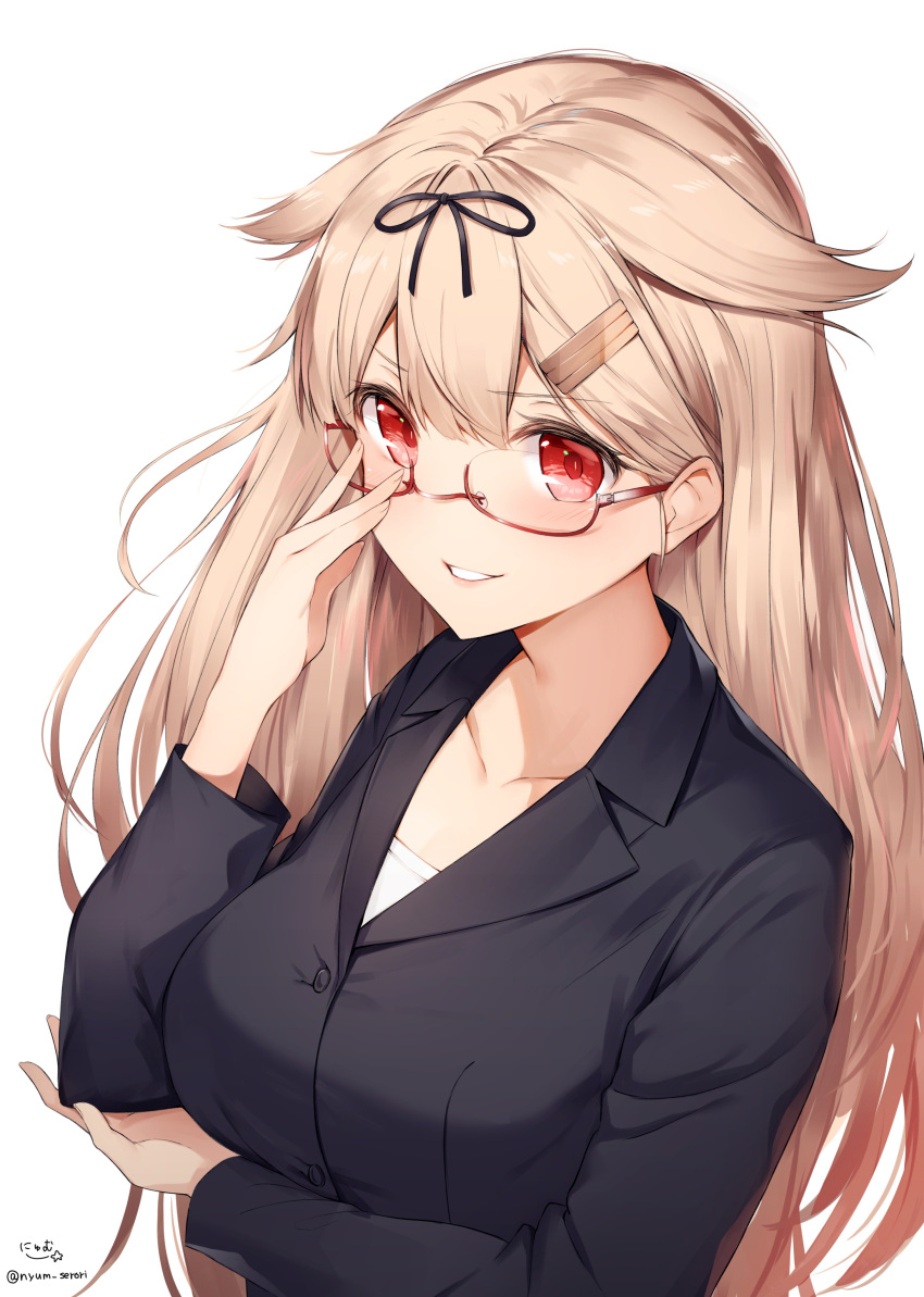 1girl absurdres bangs black-framed_eyewear black_ribbon blonde_hair blush breasts collared_shirt commentary_request eyebrows_visible_through_hair glasses gradient_hair hair_flaps hair_ornament hair_ribbon hairclip hand_up head_tilt highres jacket kantai_collection long_hair looking_at_viewer medium_breasts multicolored_hair nyum red-framed_eyewear red_eyes remodel_(kantai_collection) ribbon semi-rimless_eyewear shirt sidelocks signature simple_background smile solo twitter_username upper_body white_background white_shirt yuudachi_(kantai_collection)