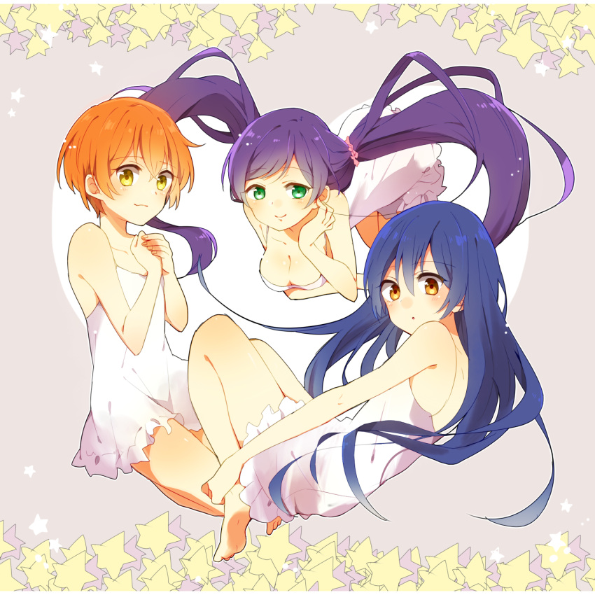 3girls bangs barefoot blue_hair blush breasts cleavage closed_mouth dress eyebrows_visible_through_hair flat_chest floating floating_hair frilled_dress frills full_body green_eyes hair_between_eyes hair_ornament hair_scrunchie highres hoshizora_rin lily_white_(love_live!) long_hair looking_at_viewer love_live! love_live!_school_idol_project low_twintails medium_breasts multiple_girls orange_hair purple_hair scrunchie short_hair smile sonoda_umi toujou_nozomi twintails white_dress yellow_eyes