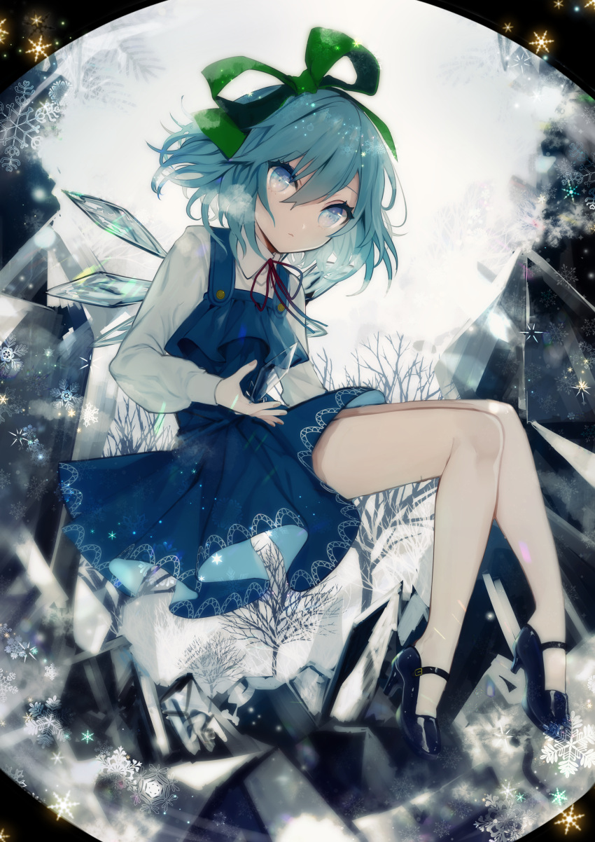 1girl absurdres bangs blue_dress blue_eyes blue_footwear blue_hair cirno commentary daimaou_ruaeru dress english_commentary eyebrows_visible_through_hair full_body green_ribbon hair_between_eyes hair_ribbon high_heels highres ice ice_wings long_sleeves looking_at_viewer neck_ribbon pinafore_dress red_neckwear red_ribbon ribbon shirt short_hair simple_background snowflakes solo thighs touhou tree white_background white_shirt wings