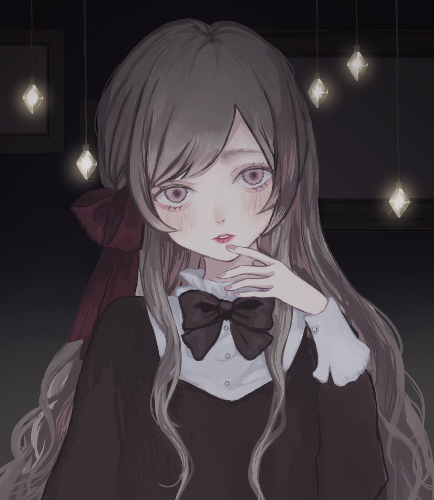 1girl arm_at_side arm_up bangs black_bow black_shirt blush bow bowtie brown_hair commentary fingernails hair_ribbon hand_to_own_mouth hanging_light head_tilt highres light long_hair long_sleeves looking_at_viewer nail_polish original p2_(uxjzz) pink_nails purple_ribbon red_lips ribbon shirt solo swept_bangs symbol_commentary