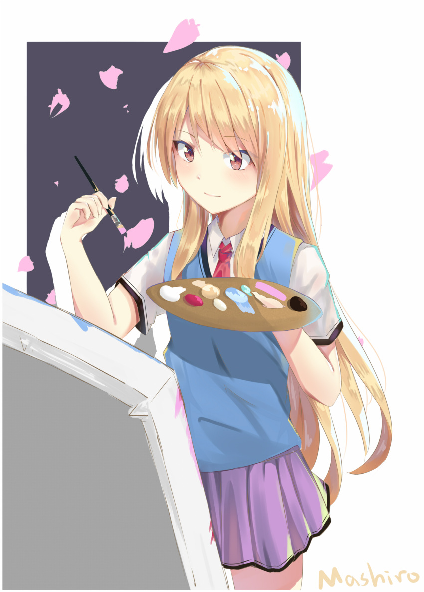 1girl ascii_media_works bangs blonde_hair blush canvas_(object) character_name closed_mouth collared_shirt commentary_request cowboy_shot cute dengeki_bunko eyebrows_visible_through_hair highres j.c._staff kuudere light_smile long_hair miniskirt necktie paintbrush painting palette pleated_skirt purple_skirt red_eyes red_neckwear sakura-sou_no_pet_na_kanojo school_uniform shiina_mashiro shirt short_sleeves sidelocks silhouette skirt smile solo standing sweater_vest tony42668 very_long_hair white_shirt